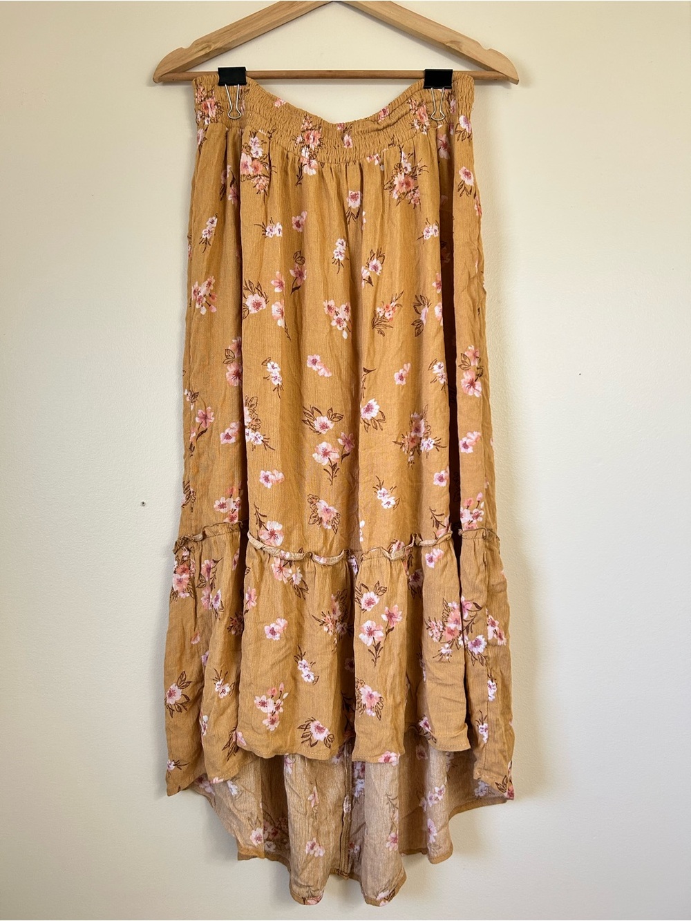 Wild Skye Mustard Orange Floral Tiered Maxi Skirt | Large